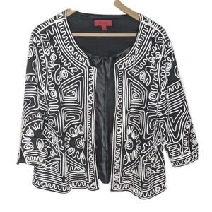 Joni B Womens 3/4 XL Black White Boho Embroidered Statement Jacket